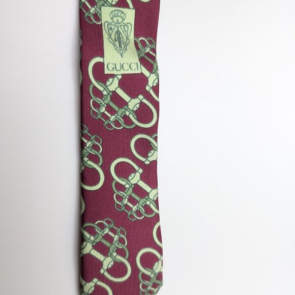 Gucci 100% Silk Made in Italy Luxury Tie Horsebit Maroon Red Pale Green - Picture 3 of 6